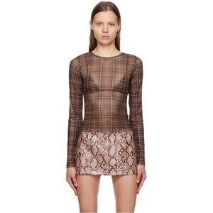 Miaou Long Sleeve sheer plaid brown top